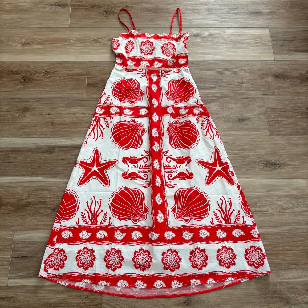 Moon River Seashell Printed Scallop Neck Midi Dress S